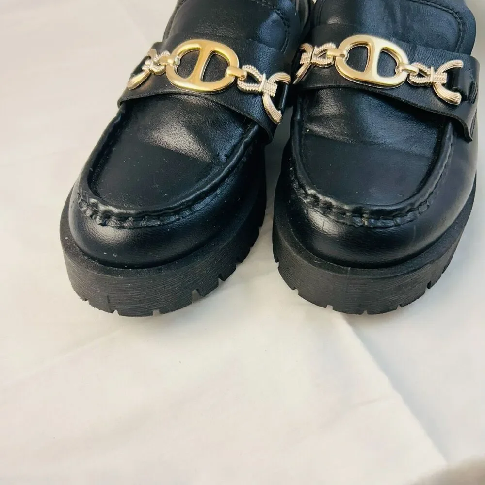 #8370 ROUGE HELIUM WOMEN'S BLACK LUG SOLE LOAFERS SIZE 9 CHUNKY SOLE MARY JANES